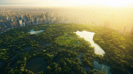 Wall Mural - Large city park with green trees, with corporate office buildings and towers in the background