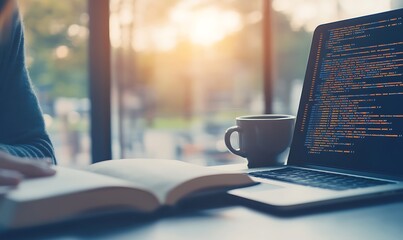 Poster - A serene workspace with a laptop displaying code, an open book, and a coffee cup.