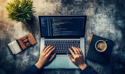 Poster - A person coding on a laptop with a cup of coffee and a plant nearby.