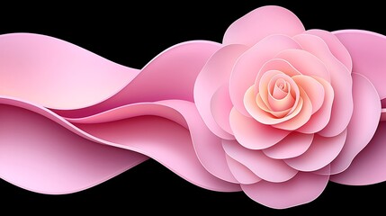 Poster - Elegant and Soft Pink Rose Surrounded by Flowing Waves of Delicate Pink Fabric, Enhancing Its Beauty with a Black Background for Stunning Visual Impact