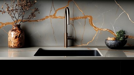 Poster - Elegant Kitchen Decor with Modern Faucet, Golden Veined Marble Wall, Stylish Vase and Fresh Herbs Creating a Luxurious Culinary Space