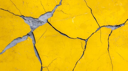 Poster - Bright Yellow Cracked Surface with Deep Crevices Showing Underlying Texture, Ideal for Backgrounds or Abstract Concepts in Art and Design Projects