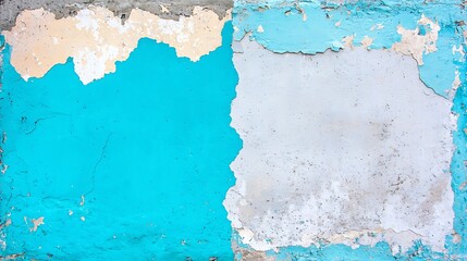 Poster - Weathered Wall with Peeling Paint in Vibrant Turquoise and Neutral Gray Tones Highlighting Texture and Color Contrast for Artistic Backdrops and Design Inspiration