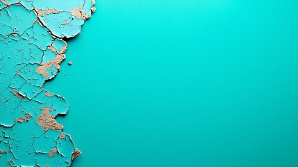 Poster - Vibrant Turquoise Background with Peeling Paint Detail Showcasing Textural Contrast Between Old Cracked Surface and Modern Smooth Finish for Artistic Projects and Designs