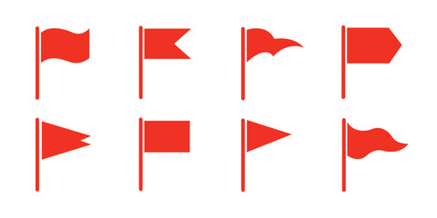 set of eight red flag icons with various shapes. flat style design isolated on white background.