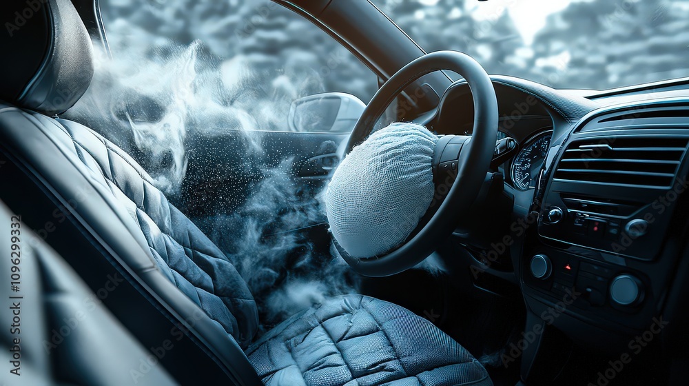 Fully deployed airbag inflating on steering wheel, white crinkled ...