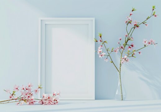 A white frame on a light blue wall with white flowers in vases