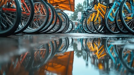 colorful array of rental bicycles under large awning, reflective surfaces glistening from recent rai