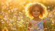 © Alina Tymofieieva - A joyful child with curly hair smiles in a sunlit flower field during a warm summer day