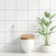 Wall Mural - A modern bathroom with a white toilet and a wooden seat, a potted plant, and white tiled walls