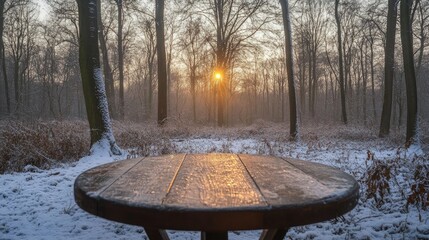 Aufkleber - Wooden tabletop illuminated by dawn light in a serene winter forest, surrounded by frosted trees and soft sunlight filtering through the mist.