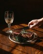© Nakorn - Slicing juicy steak with a steak knife rustic wooden table food photography dark ambiance culinary delight for seo impact