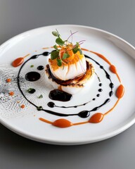 Poster - Seared scallop presentation gourmet restaurant culinary art contemporary setting top-down view modern avantgarde plating for fine dining