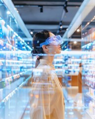 Poster - Shopper engaging with augmented reality display of virtual products retail space digital experience futuristic environment side view ai technology integration