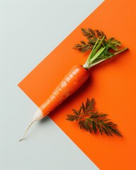 Poster - Minimalist composition of a single carrot on a pastel orange background clean aesthetic nature still life food photography fresh produce concept