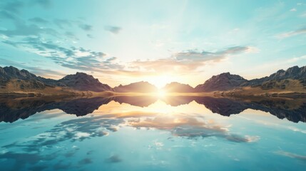 Poster - Captivating reflection of symmetrical desert landscape desert digital art nature wide angle fractal rock formations and gradient sky