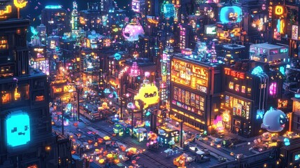 Wall Mural - A fantastical pixel art city with playful creatures, friendly robots, and glowing neon lights creating a magical urban vibe.