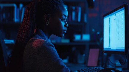 Poster - A woman is sitting in front of a computer monitor, looking at the screen
