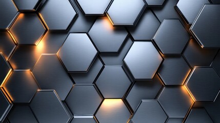 Poster - A modern abstract background featuring metallic hexagonal shapes with soft glowing accents, creating a dynamic visual effect.