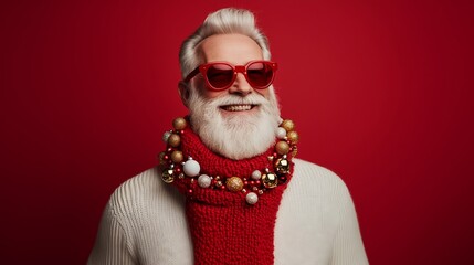 Wall Mural - Stylish senior man wearing red sunglasses and christmas ornaments smiling on red background