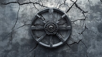Poster - A futuristic wheel design embedded in a cracked gray wall, suggesting strength and innovation.