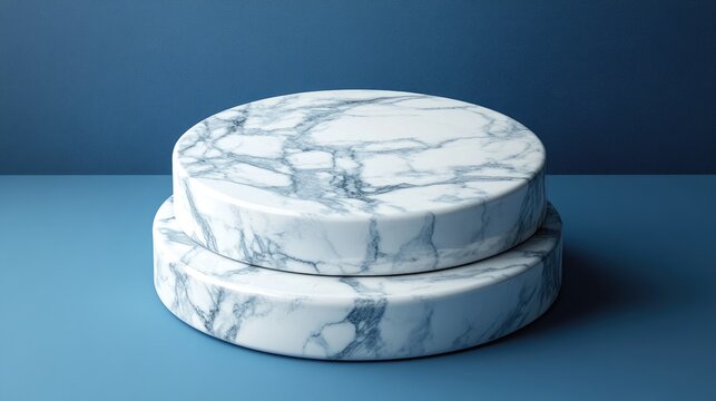 Elegant white marble podium set atop a smooth blue surface, featuring intricate gray veining, rendered in a three-dimensional view.