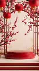 Wall Mural - A classic Chinese New Year podium surrounded by elegant patterns of plum blossoms and lanterns, with ample empty space in front for showcasing a product.