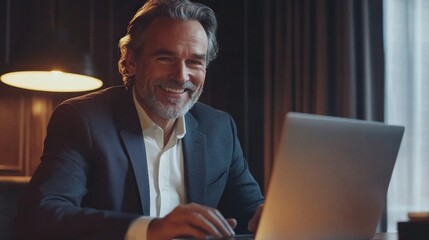 Poster - A man in a suit is smiling while using a laptop