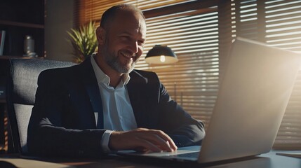 Aufkleber - A man in a suit is sitting at a desk with a laptop in front of him