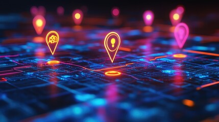 Poster - A digital map with connected footprint markers representing destination points, with data flowing between each location in vibrant streams.