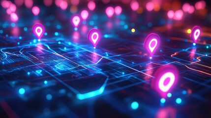 Poster - A digital map with connected footprint markers representing destination points, with data flowing between each location in vibrant streams.