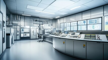 Poster - A modern control room showcasing automated systems, digital monitoring screens, and advanced interfaces for effective industrial and power facility management.