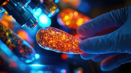 Aufkleber - A researcher in a lab using advanced microscopy to explore mitochondria within a cell, highlighting the glow of intricate cellular details for biology studies.