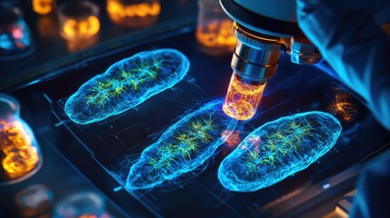 Aufkleber - A researcher in a lab using advanced microscopy to explore mitochondria within a cell, highlighting the glow of intricate cellular details for biology studies.