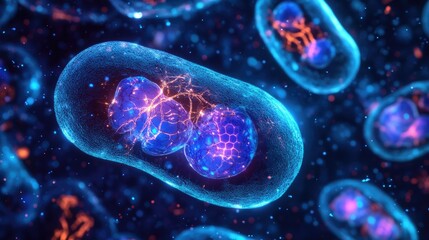 Aufkleber - A researcher in a lab using advanced microscopy to explore mitochondria within a cell, highlighting the glow of intricate cellular details for biology studies.