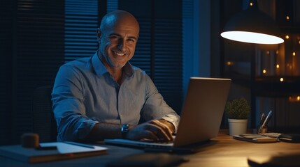 Aufkleber - A man is sitting at a desk with a laptop in front of him