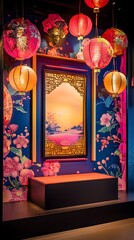 Wall Mural - A colorful, dynamic Chinese New Year display with a glowing podium framed by swirling lanterns and floral patterns. The empty space in front is designed to showcase a product.