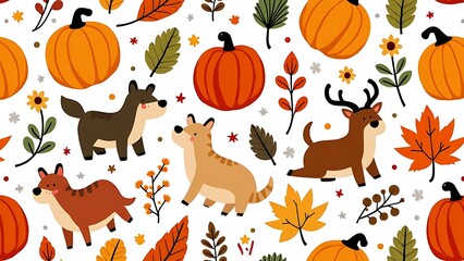 Poster - A colorful autumnal design features a seamless pattern of various fall elements, including pumpkins, flowers, and animals.