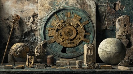 Aufkleber - An artistic representation of the Antikythera mechanism surrounded by ancient Greek relics, symbolizing early advancements in astronomy.