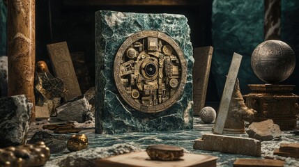 Aufkleber - An artistic representation of the Antikythera mechanism surrounded by ancient Greek relics, symbolizing early advancements in astronomy.