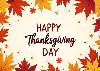 Poster - A festive vector illustration featuring happy Thanksgiving day text amidst an autumn holiday background of fall leaves and hand lettered design.