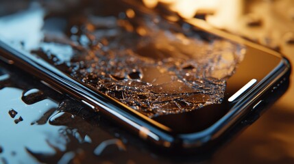 Poster - Close-up of a cracked phone screen after a drop, highlighting the damage and new standards of phone usage in today's digital age.