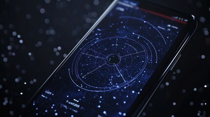 Poster - Close-up of a smartphone screen showing the trajectory of the newly discovered comet C2023 A3 in an astronomy app, surrounded by dark sky and starlight.
