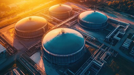 Poster - Close-up of biogas storage tanks in a renewable energy facility, highlighting the capture and storage of organic gases for sustainable energy production.