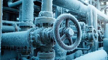Poster - Close-up of industrial machinery with intricate frost patterns, emphasizing frozen pipes and valves in a factory or utility plant setting.