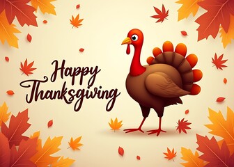 Aufkleber - A happy Thanksgiving banner design features a turkey, abstract leaves, and typography set against a festive background image.
