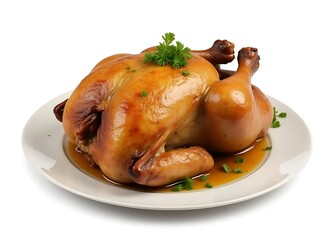 Poster - A photo of roast chicken with garnish is displayed on a plate against a clean white background created by generative artificial intelligence.