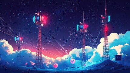 Poster - Diagram illustrating how satellite technology supports pager communication networks, with signals bouncing between towers and devices for seamless wireless transmission.