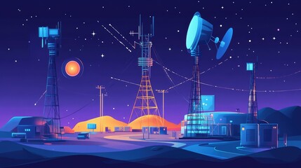 Poster - Diagram of satellite-enabled pager communication, illustrating how signals are relayed between satellite systems, towers, and devices to maintain wireless network connectivity.