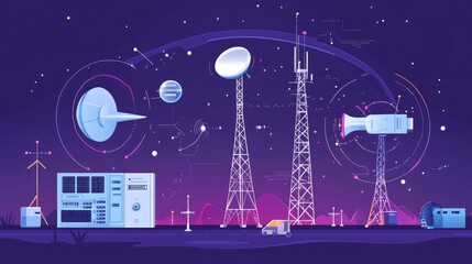 Poster - Diagram of satellite-enabled pager communication, illustrating how signals are relayed between satellite systems, towers, and devices to maintain wireless network connectivity.